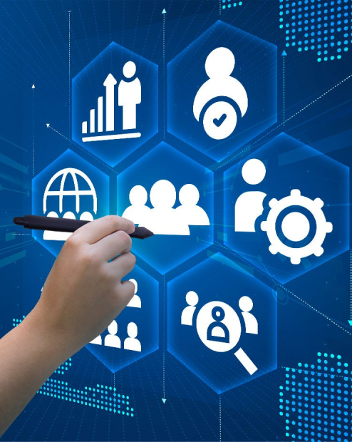Business growth and HR technology icons showing team, analytics, and productivity